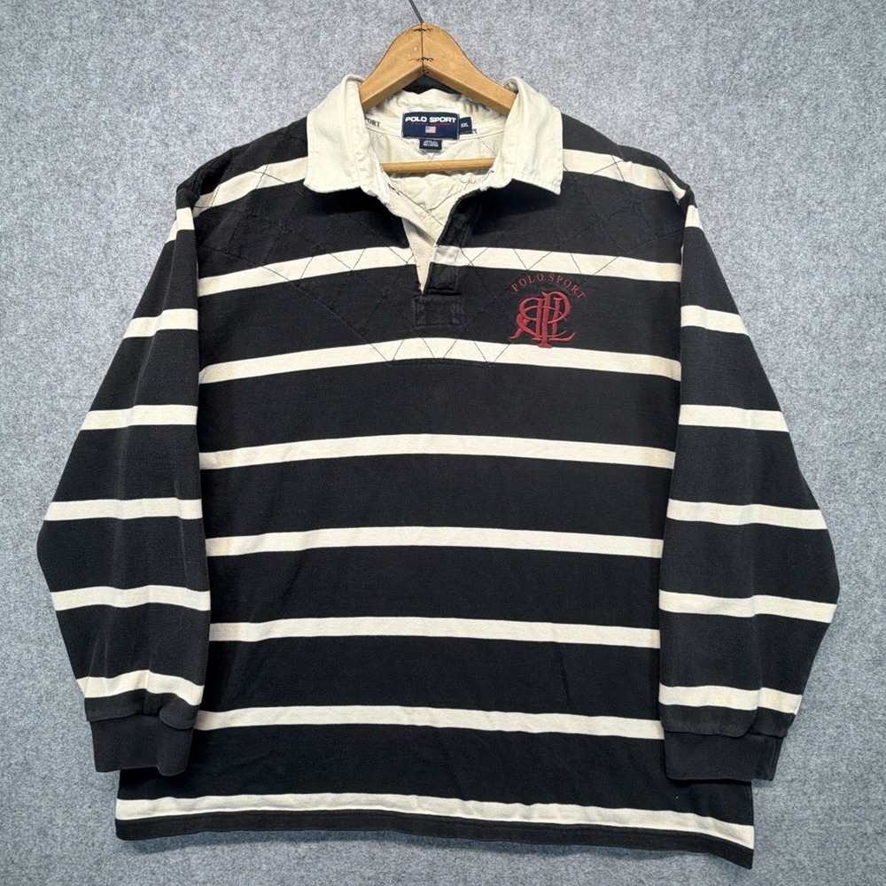 Vintage Polo Sport Ralph Lauren Rugby Shirt XXL Black Cream Striped 90s